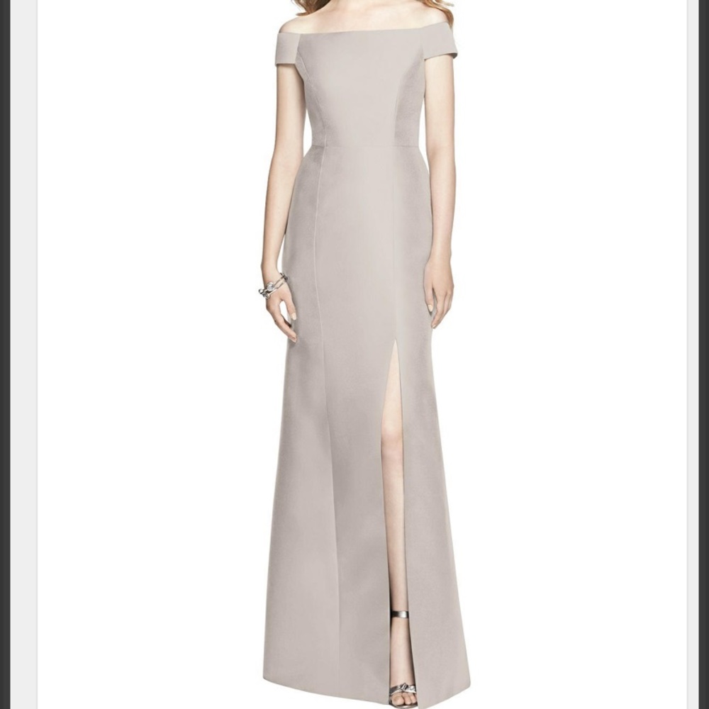 Alfred Sung Off-the-Shoulder Satin Dress in Taupe